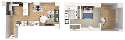 Floor plan for 1 bed, 1.5 baths, 985 sqft